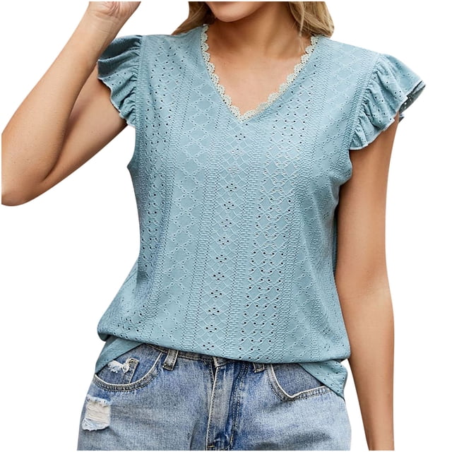 cfhntfmh Womens Tops V Neck Cap Sleeve Casual Eyelet Tops Loose Tee Shirts Summer Spring Dressy Basic Blouse
