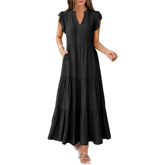 ANRABESS Womens Summer Maxi Dress V Neck Ruffle Sleeve Flowy Tiered Boho Casual Beach Vacation Sundress with Pockets