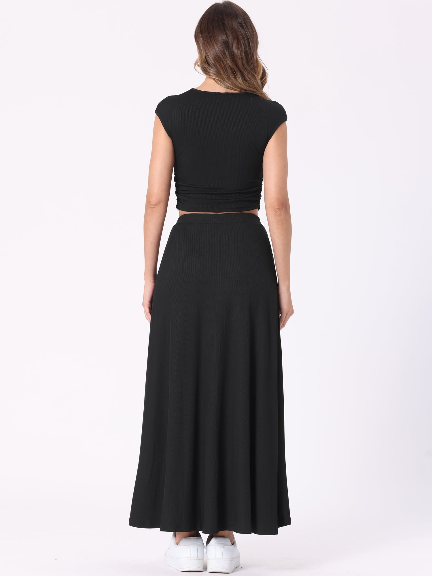 DARING DIVA Women's Ribbed Knit Cropped Top A-Line Midi Skirt Set L Black