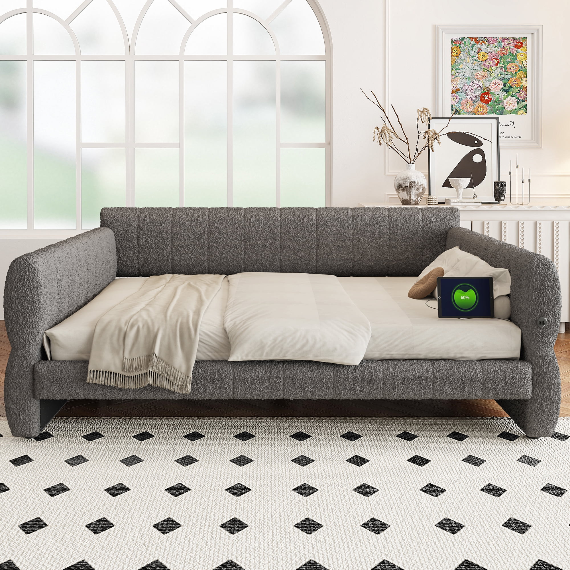 Euroco Upholstered King Size Platform Bed with USB Ports, Gray