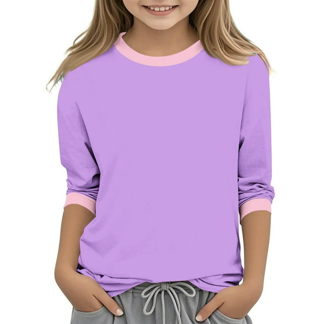 Zpanxa Girls Athletic Shirts Solid Color Three Quarter Sleeve Round Neck Polyester Spandex Top 3 Years