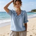 thumbnail image 5 of CHUMUD Womens Summer Short Sleeve Tops Trendy Ruffle Trim V-Neck Blouse, Casual Puff Sleeves Flowy Top, 5 of 6