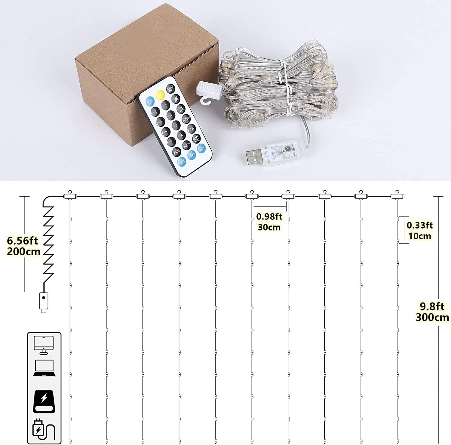 Curtain String Lights 11 Lighting Modes & Remote Tangle Free 9.8 x 9.8 FT 300 LED Color Changing Lights