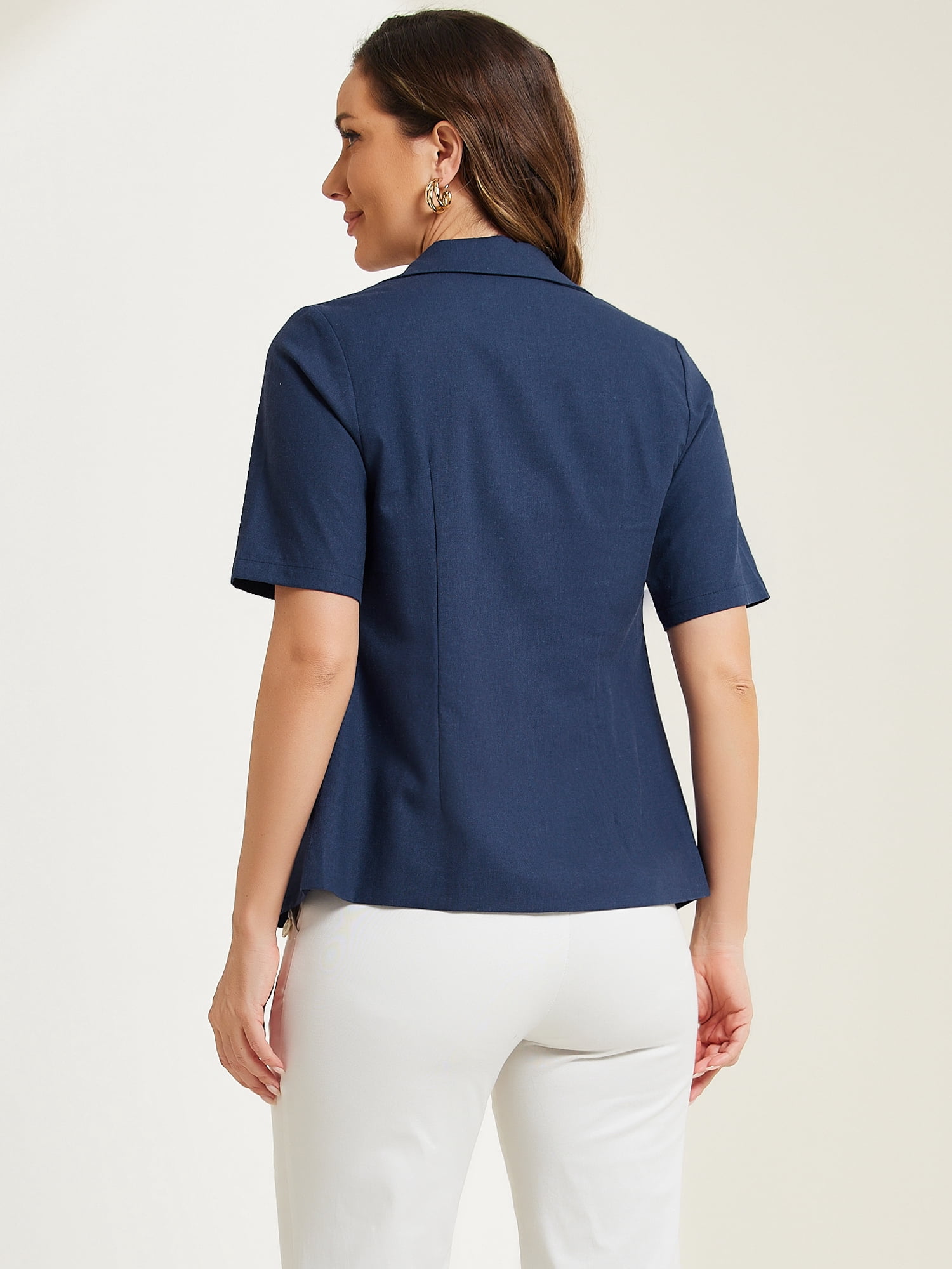 DARING DIVA Women's Cotton Linen Short Sleeve Blazer for Work Office S Dark Blue
