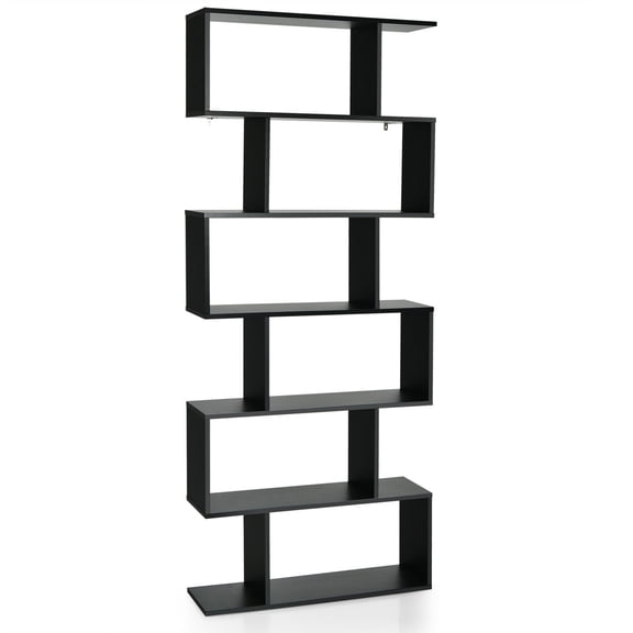 Gymax S-Shaped 6 Tier Bookcase, Black