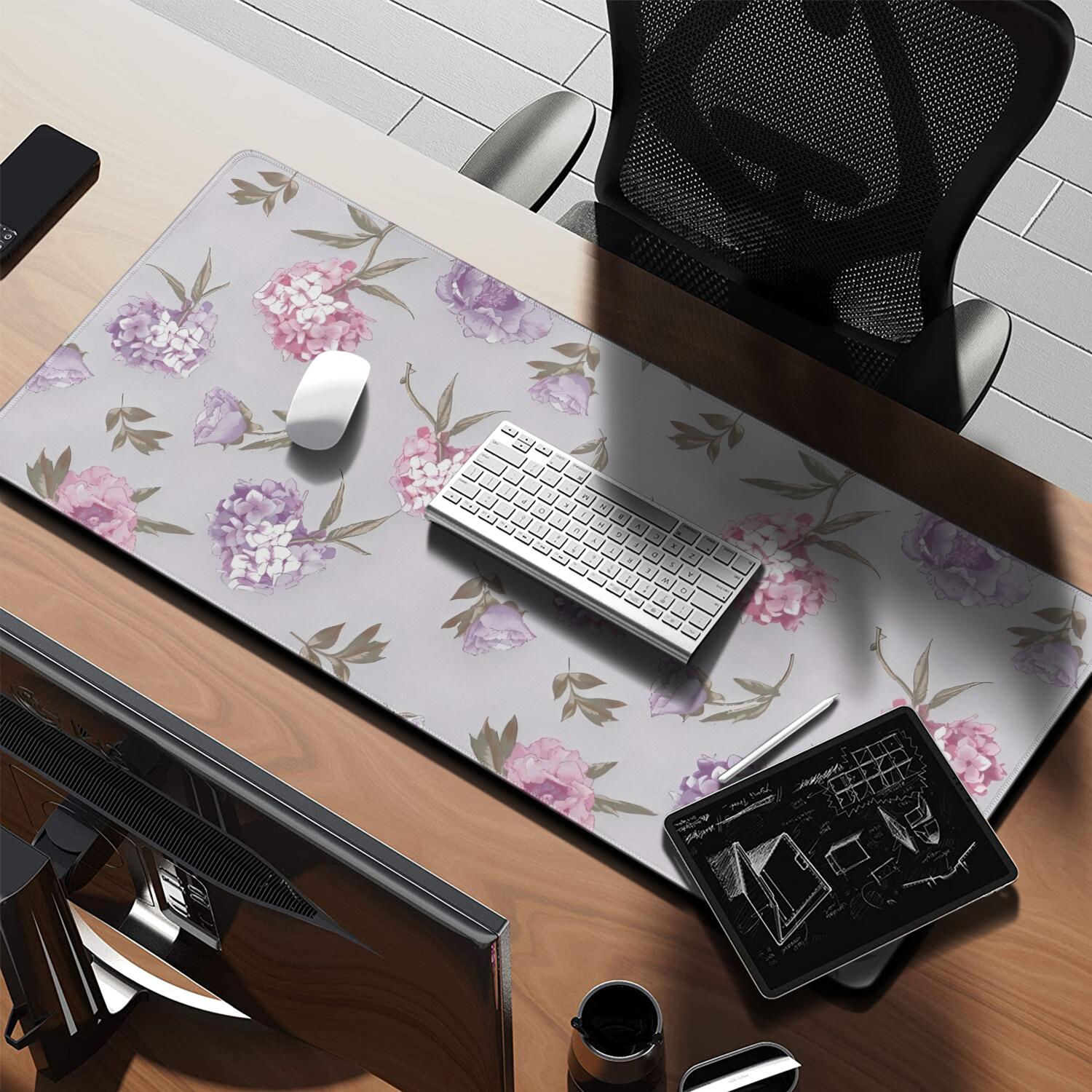 Long Mouse Pads for Desk,Pioneer Flower Floral Print Pattern Desk Mats on Top Of Desks, Desk Mouse Pad Extra Large with 3mm Non-Slip Base and Stitched Edge for Gaming,Office,Work,Home 35.4"x15.7"