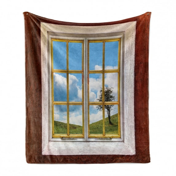 Rustic Soft Flannel Fleece Throw Blanket, Meadow Grass with Tree Through Window Countryside Rural Cottage Flourishing Image, Cozy Plush for Indoor and Outdoor Use, 60" x 80", Multicolor, by Ambesonne