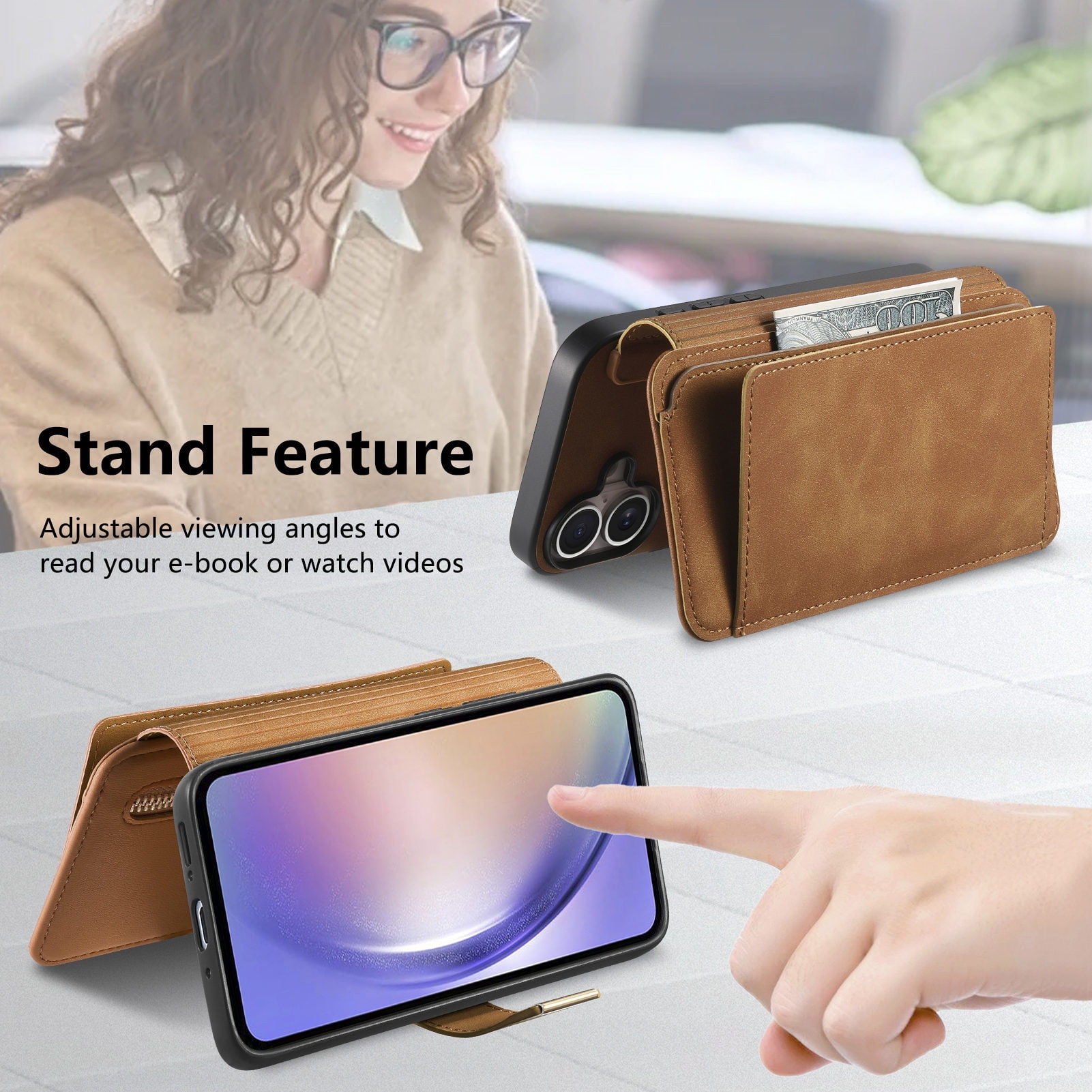 TECH CIRCLE for Galaxy S24 FE 2-in-1 Phone Case 6.7" 2024, Magnetic Back Cover with Removable Flip Wallet Case, with Card Slots/Ring Holder Grip, Compatible with MagSafe, PU Leather Case, Brown