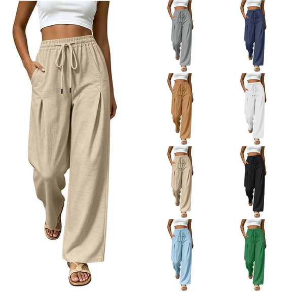 DYTTDG Women's Drawstring Wide Leg Pants | Casual Elastic Waist Solid Color Summer Trousers with Pockets, Loose Fit Lounge Pants
