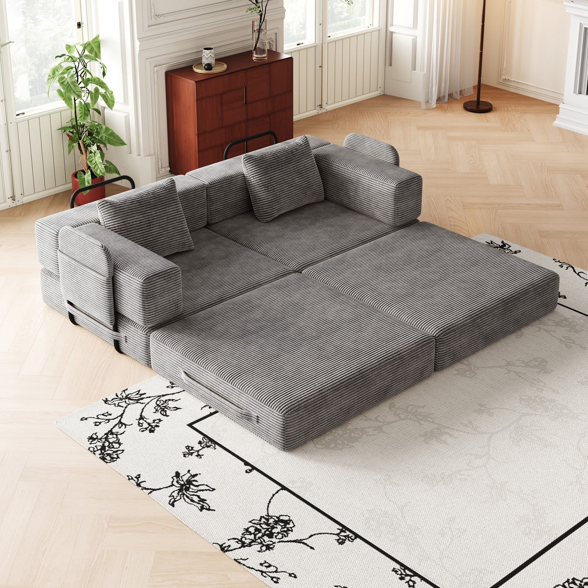 72" Convertible Corduroy Sofa Bed,Folding Sleeper Couch with Two Side Storage Pockets & Two Cushions for Living Room,Bedroom,Grey