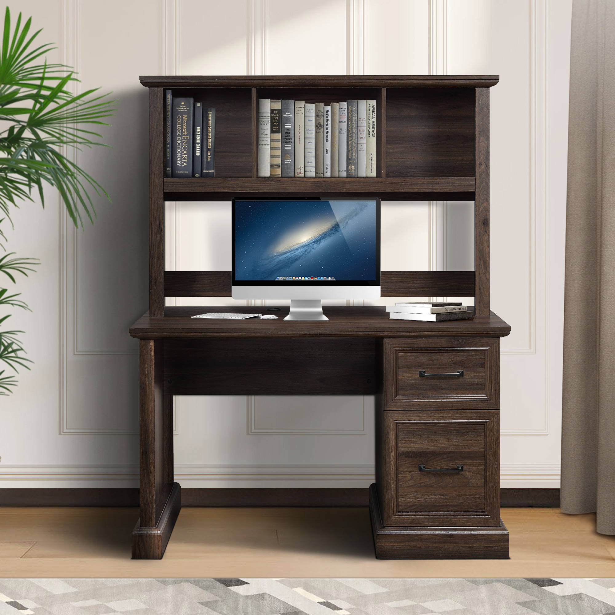 BELLEZE Bonelli 50" Executive Desk with Hutch, Dark Walnut