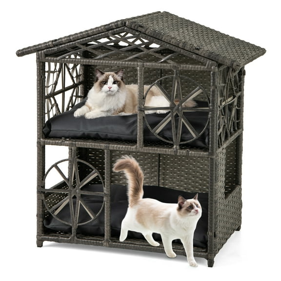 Gymax Outdoor Rattan Cat House 2-Tier Wicker Windows Removable Cushions Large Entrance