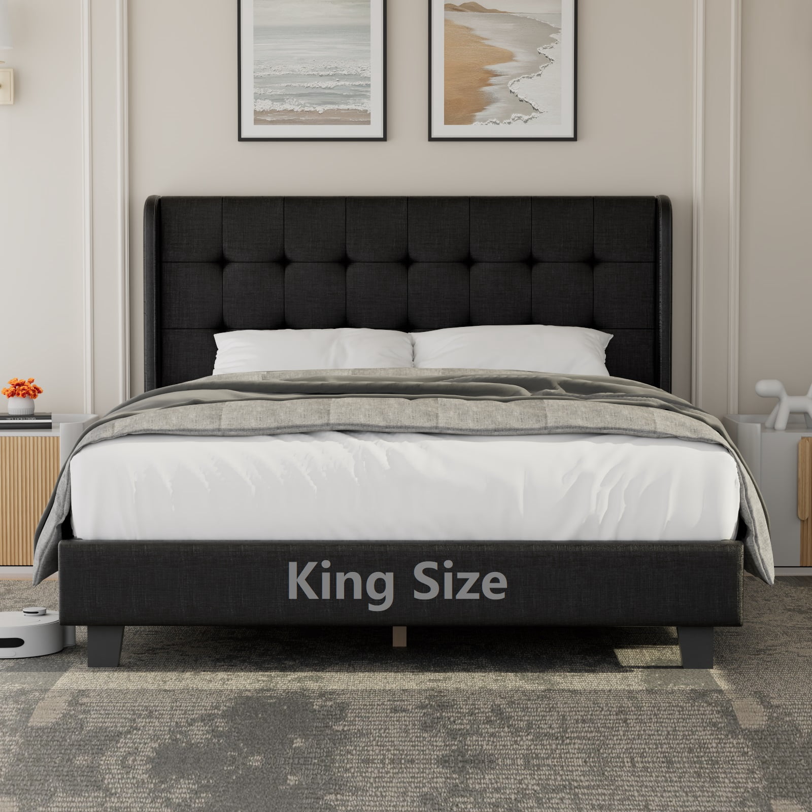 Nathaniel Home Cotton Linen Tufted Upholstered Bed, King Platform Bed Frame, Low Profile Platform Beds Strong Wooden Slats, Adult Black