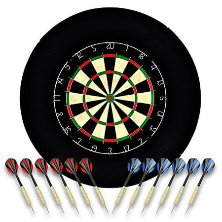 LinkVisions Sisal/Bristle Dartboard with Staple-Free Bullseye, 18g Steel Tip Darts Set, EVA Surround, Mounting Kits Included