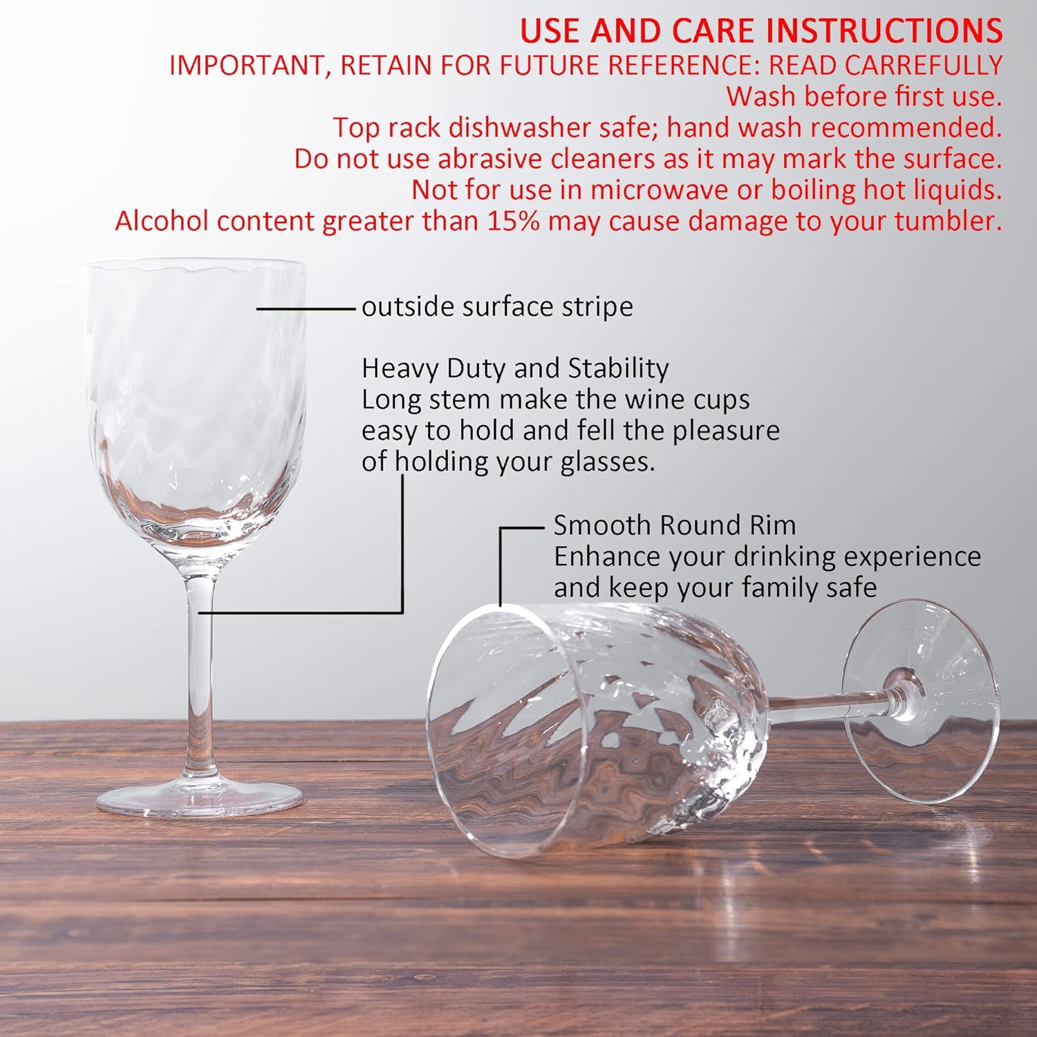 KX-Ware Unbreakable Classic 14 Ounce All-Purpose Plastic Stem Wine Glasses Acrylic Glasses, Set of 6 Clear