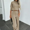 thumbnail image 2 of MORTTIC Women's Elegant Solid Color Half Sleeve Short Top with Straight Leg Pants 2-Piece Set Pocket Detail Khaki，L, 2 of 4