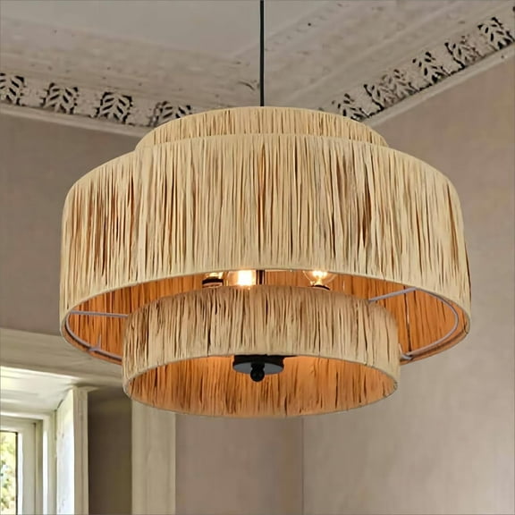 Maxax 3-Light Boho Chandelier – Coastal Rope Pendant Light with 3-Tier Raffia Paper Shade, Farmhouse Hanging Ceiling Light Fixture for Bedroom, Dining Room & Living Room