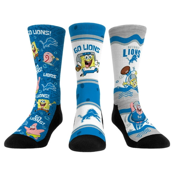 Unisex Rock Em Socks Detroit Lions NFL x Nickelodeon Spongebob Squarepants 3-Pack Crew Socks Set