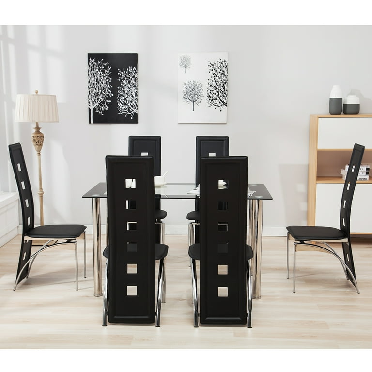Mecor Dining Table Set with 6 Leather Chairs Kitchen Furniture Black 7 Piece Glass Walmart
