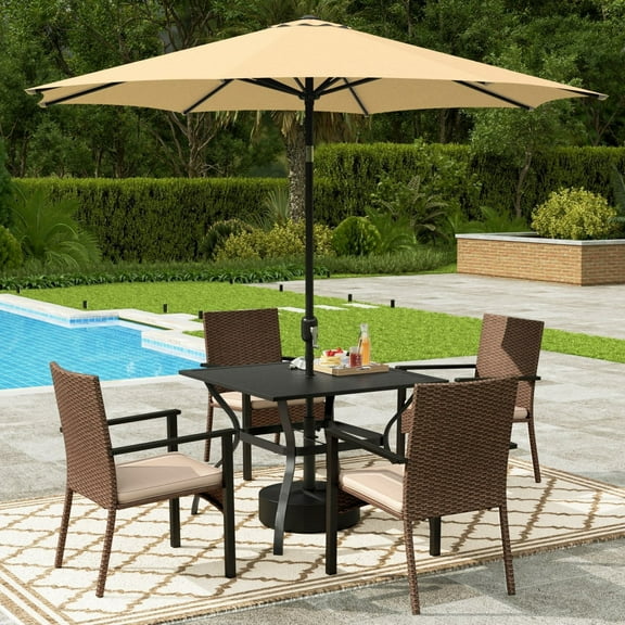 Alpha Joy 6-Piece Outdoor Patio Dining Set with 9ft Umbrella (No Base), Rattan Chairs & Square Table Set for 4, Beige Umbrella