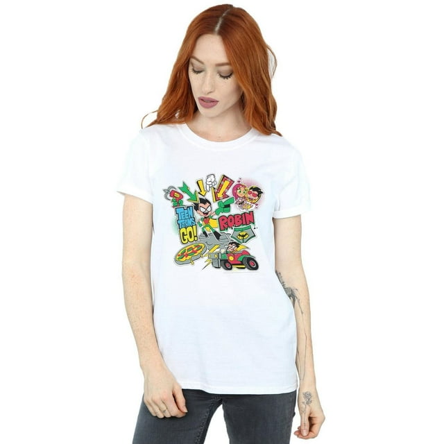 DC Comics T-Shirt Boyfriend en Coton pour Femmes Teen Titans Go Robin Montage