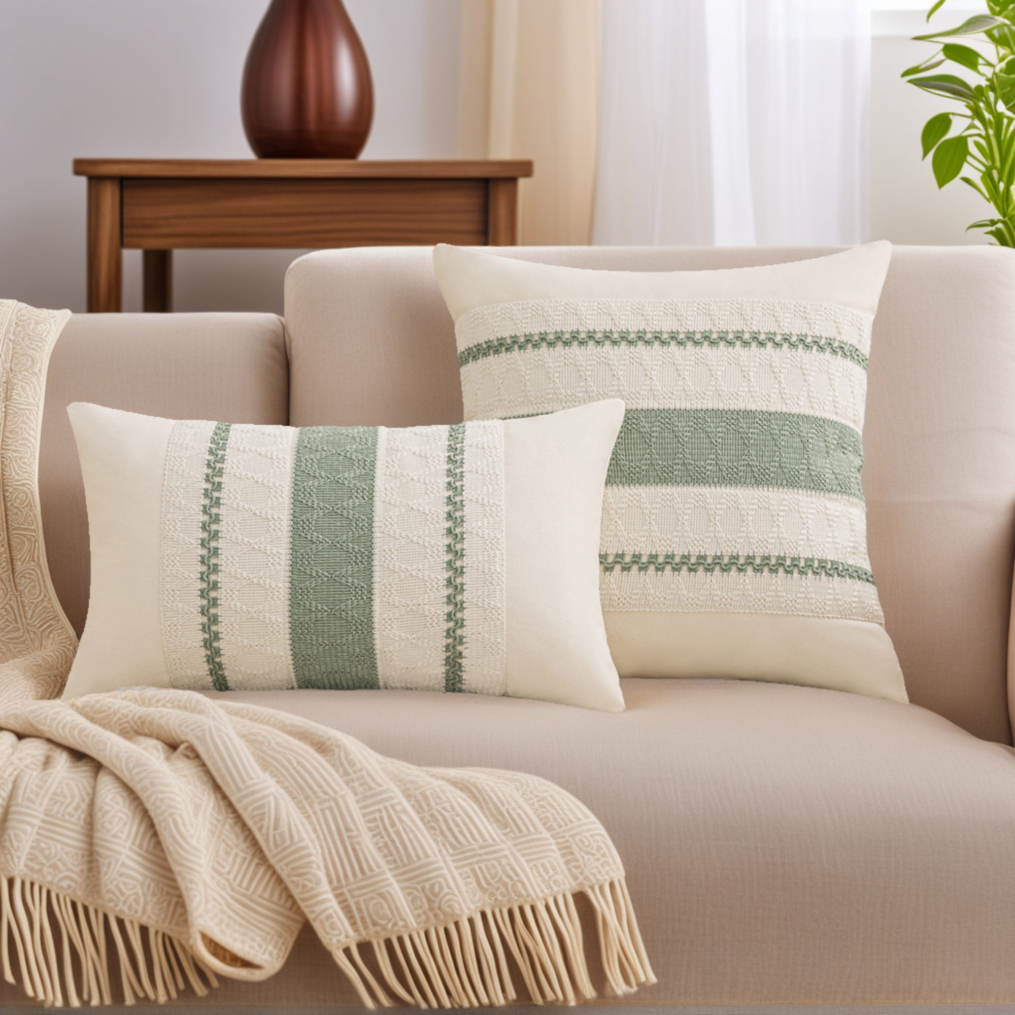Unique Bargains Striped Throw Pillow Covers Pack of 2 Green 20" x 20"