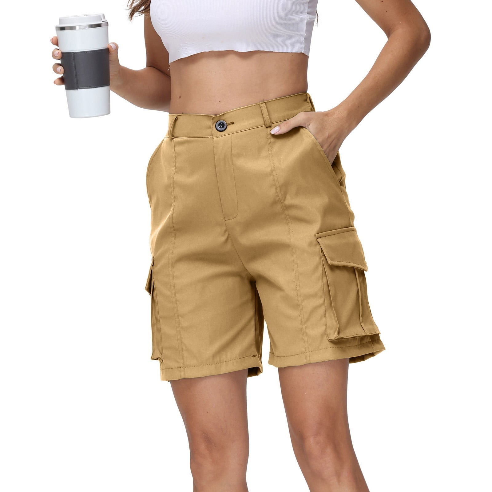 Mlqidk Khaki Shorts Women Dressy Casual Cargo Shorts Knee Length Low Rise 5 Inch Inseam Shorts with 6 Pockets Trendy Summer Khaki XL