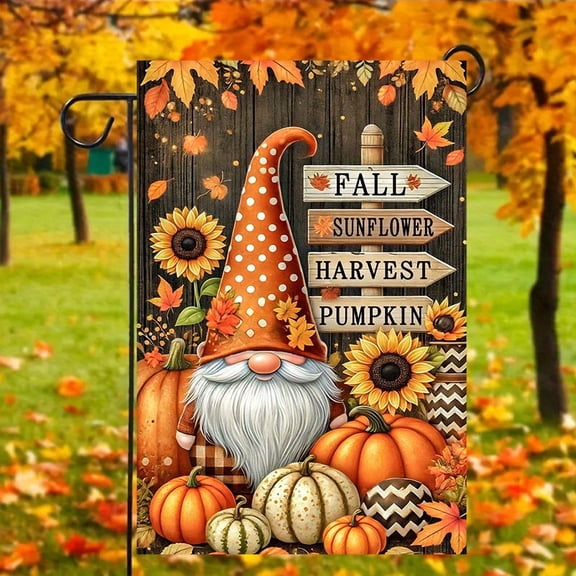 Gnome Pumpkin Sunflower Garden Flag 12 x 18 Inch, 2D Flat Printed Double Sided Polyester Outdoor Yard Flag