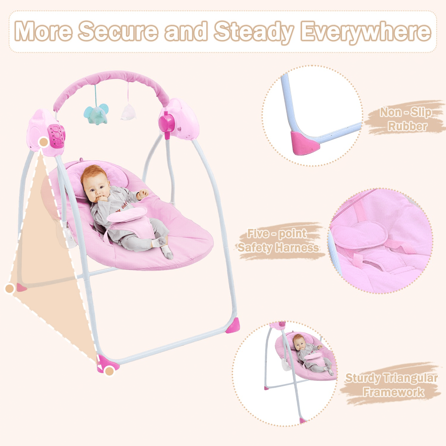 Jonster Electric Baby Swing with Bluetooth, Remote, Toys, 4-Speed Adjustable Infant Swing, Auto Rocking, for Newborns to Toddlers, Pink