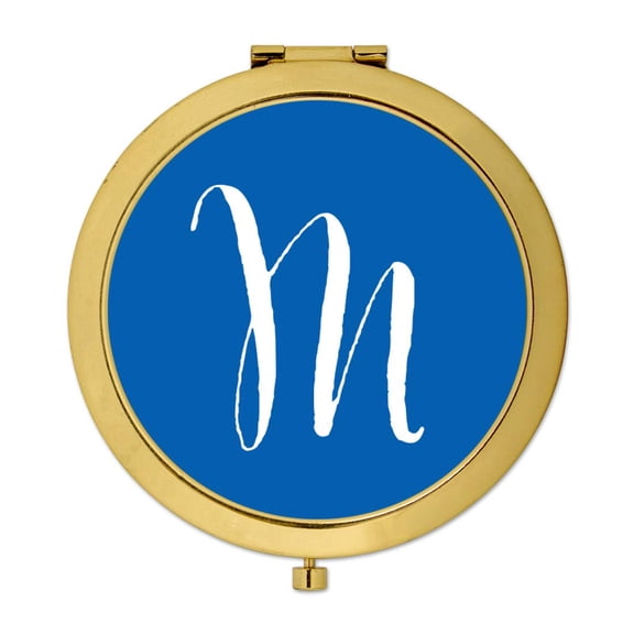 Koyal Wholesale Gold Compact Mirror Bridesmaid's Wedding Gift, Royal Blue, Monogram Letter M, 1-Pack