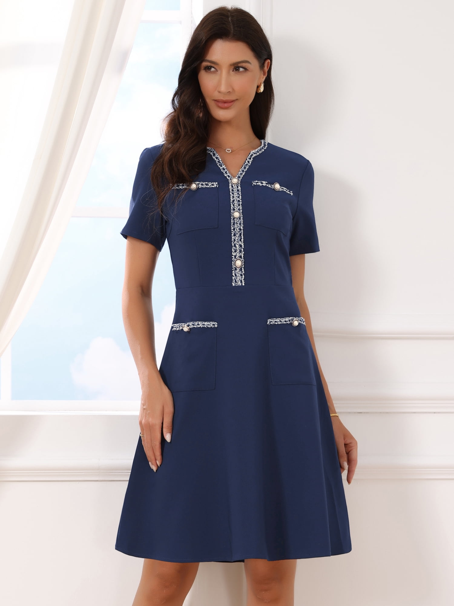 DARING DIVA Women's V Neck Short Sleeves Tweed Trim Dressy A-Line Dress S Dark Blue