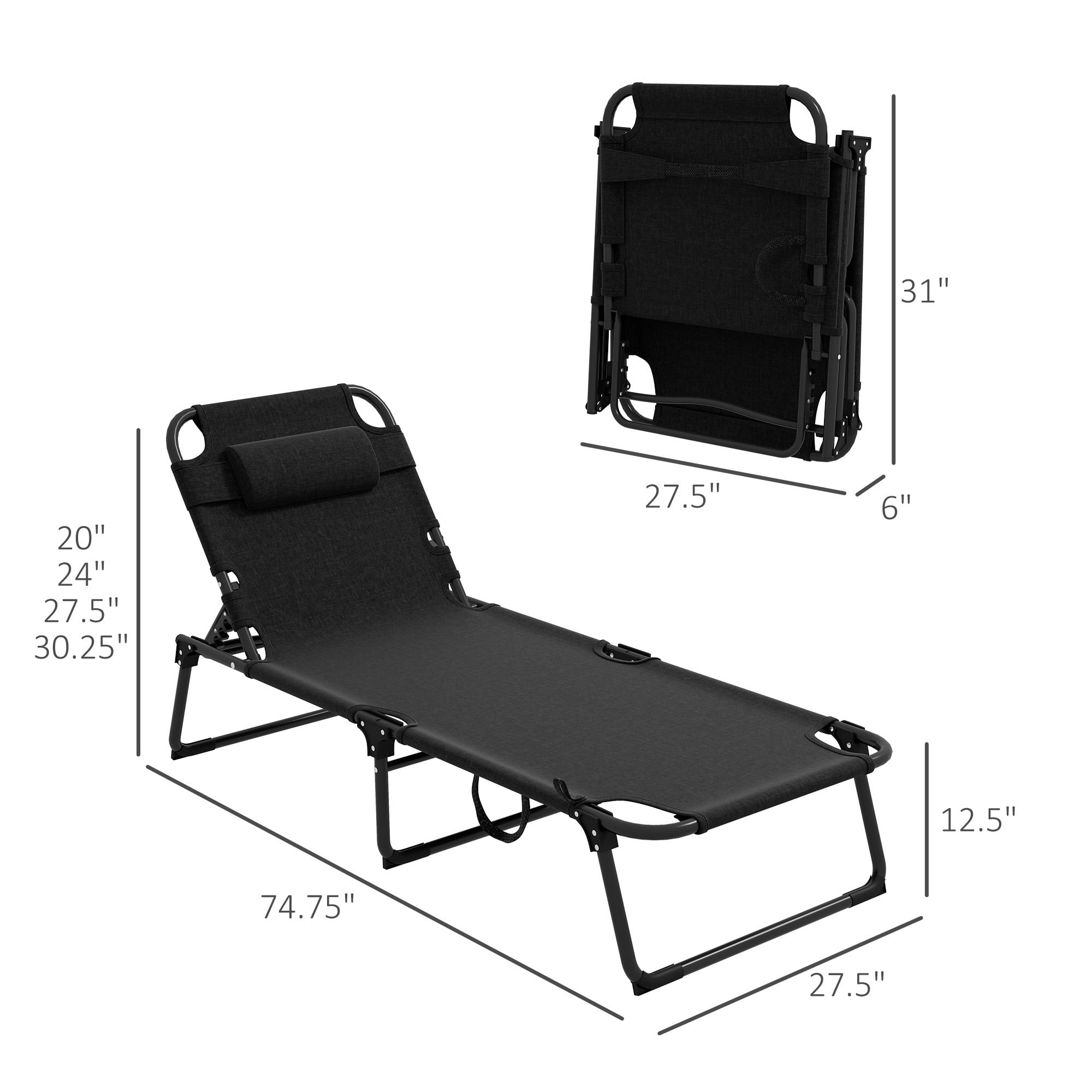 Outdoor Chaise, Adjustable Folding Chaise Lounge with 4-position Backrest, Magazine Pocket,