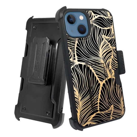 ANJ  Rugged Shockproof Holster Case w/Card Slot, Kickstand   Tempered Glass for iPhone 13 (6.1") - Golden Leaves