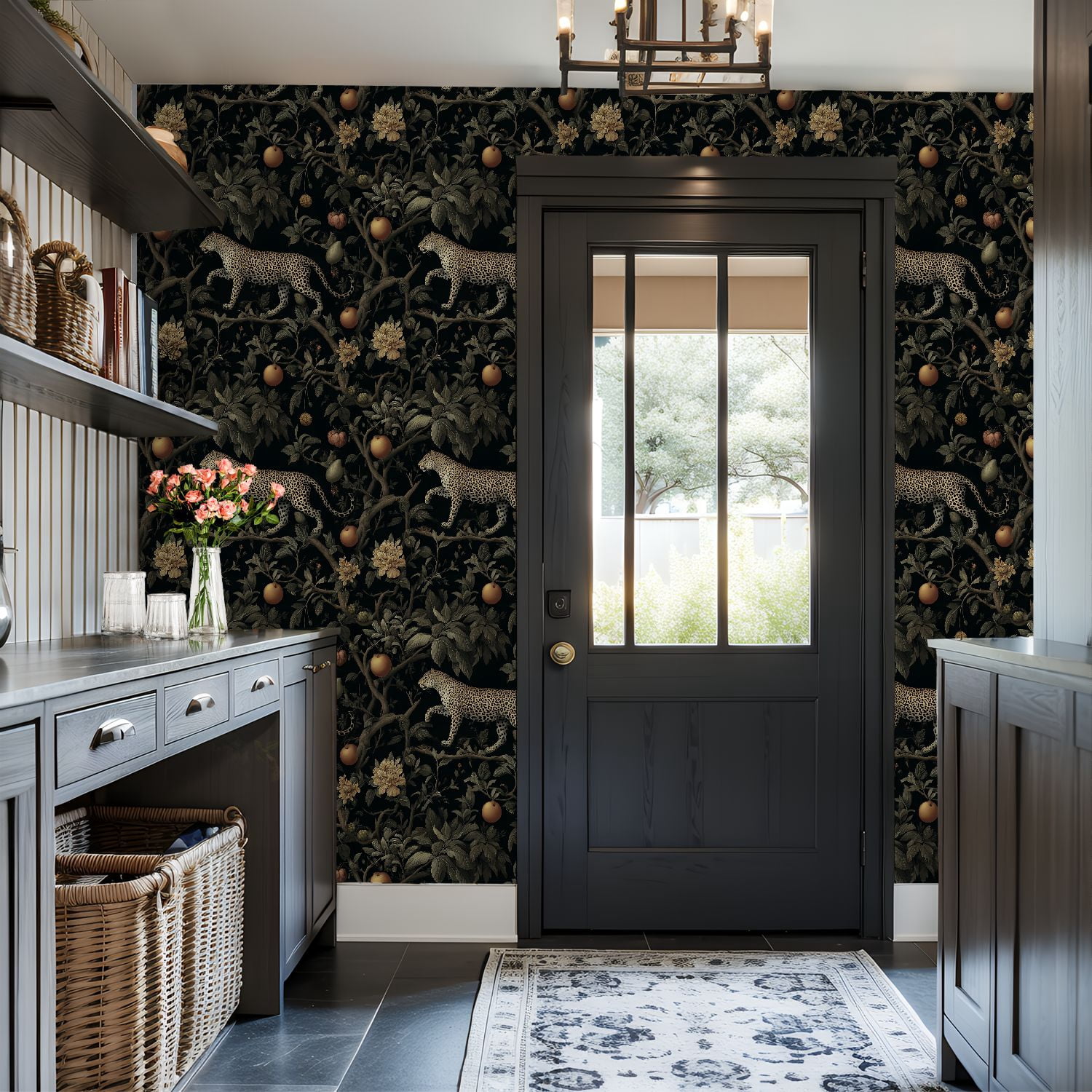 Peel and Stick Wallpaper Leopard Walking Among Fruits Flowers Botanical Garden Wall Mural 17.7in x 9.8ft Self Adhesive Removable Wall Paper Renter Friendly Wallpaper for Nursery Bedroom Cabinets