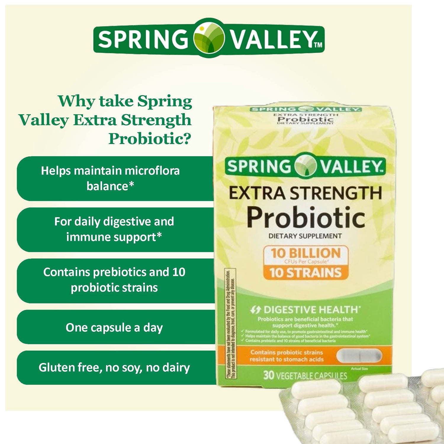 Spring Valley Extra Strength Probiotic Vegetarian Capsules, 30 Count