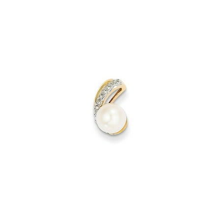 - 14k Yellow Gold 7mm White Round Freshwater Cultured Pearl Diamond Pendant Charm Necklace Gifts For Women For Her