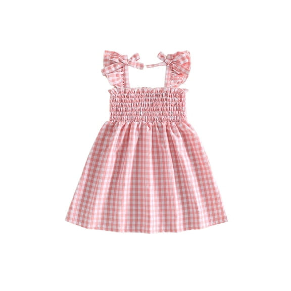 BemeyourBBs Toddler Baby Girl Pink Gingham Plaid Dress Little Baby Girl Summer Smocked Dress 12 18 24 Months 2 3 4 5 Years Bow Flutter Sleeve Plaid Checkered Casual Beach Holiday Dress