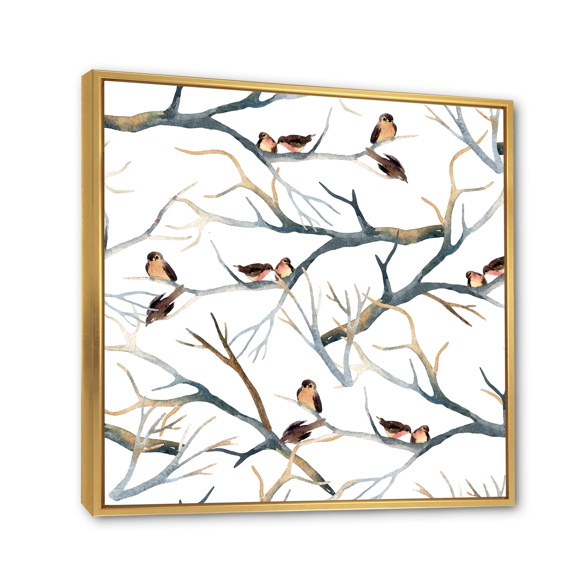 Designart 'Little Birds Sitting On The Tree Branches I' Traditional Framed Canvas Wall Art Print