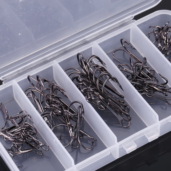 50pcs Mixed Fishing Hook Sharpened Treble Hook Triple Fishing Hook Set 50pcs/Box Fishing Hook Sharpened Treble Hook 5 Sizes 2/4/6/8/10 Fishhook Tackle Black