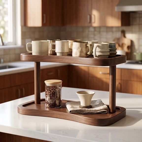 Countertop Organizer, Rustic Wood 2-Tier Rack with Raised Edge – Wave Design & Sturdy Build, Space-Saving for Spices, Cosmetics & Kitchen