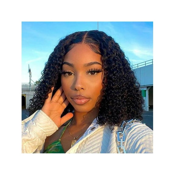 Black Short Bob Lace Front Wig for Women, Deep Curly Wave, Pre Plucked Hairline, Daily Fashion or Cosplay Wig 14 in