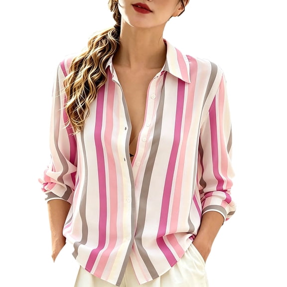 VSSSJ Women's Striped Button Down Shirts Long Sleeve Casual Loose Fit Collared Blouses Wrinkle Free Office Work Dress Shirt Tops Hot Pink M