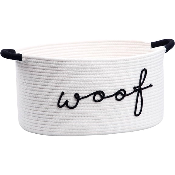 Woof Dog Toy Basket Woven Pet Baskets Storage Bin Box with Durable Handles, Pet Supplies Puppy Bins Perfect for Organizing Dog Toys Blankets and Accessories