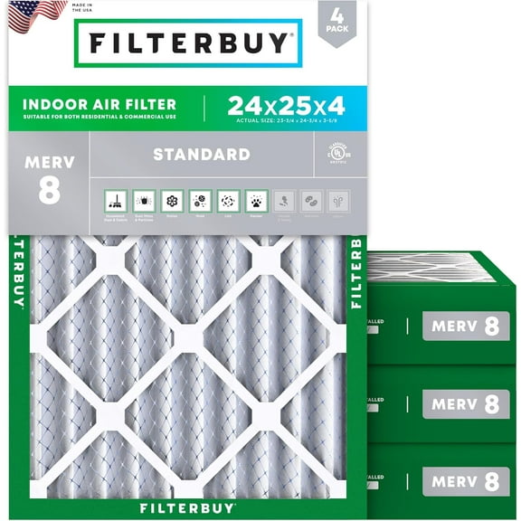 Filterbuy 24x25x4 Air Filter MERV 8 Dust Defense, Pleated HVAC AC Furnace Filter Replacement, 4-Pack