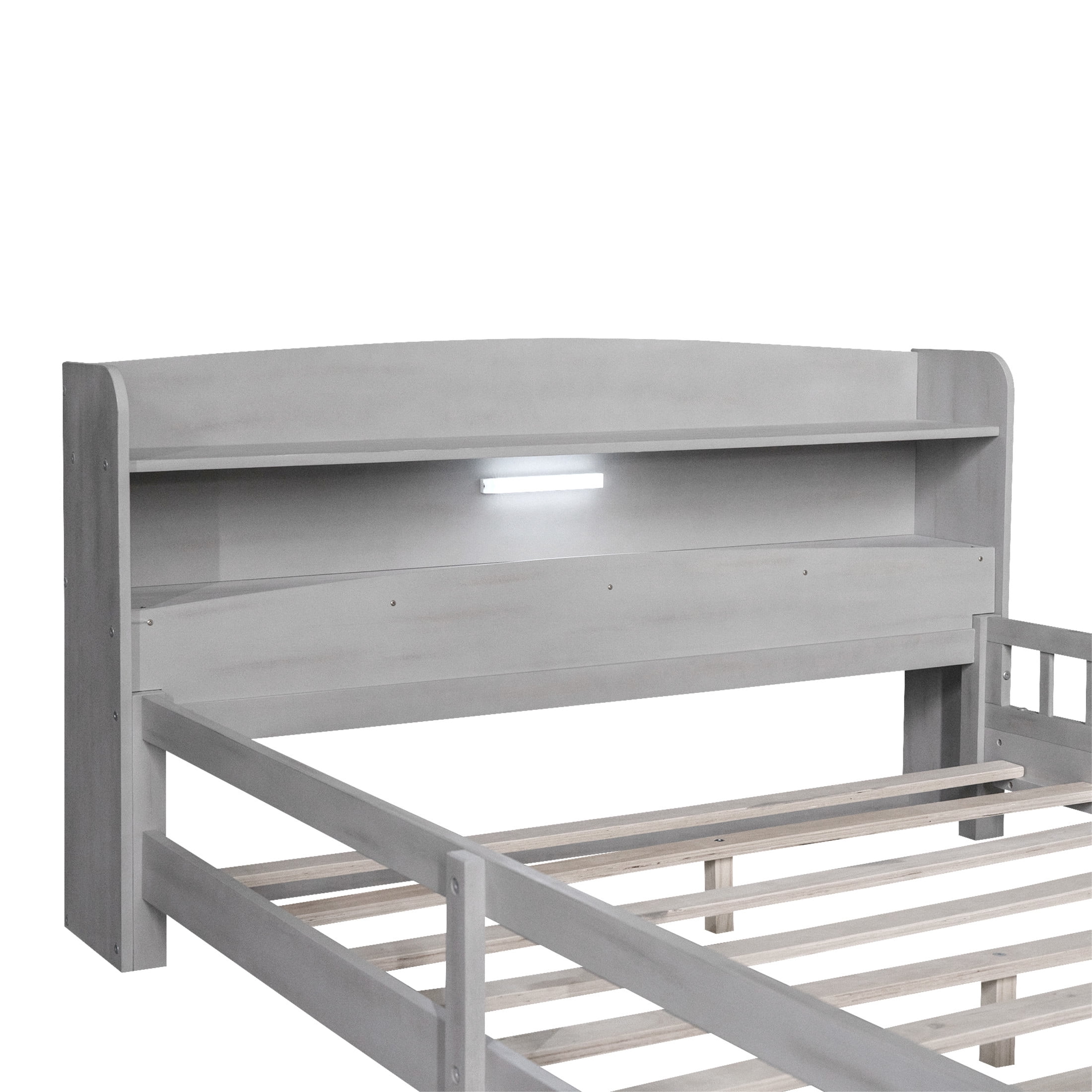 Noble House Denfern Full Size Solid Wood Platform Bed with LED Light and Storage Headboard, Antique Gray