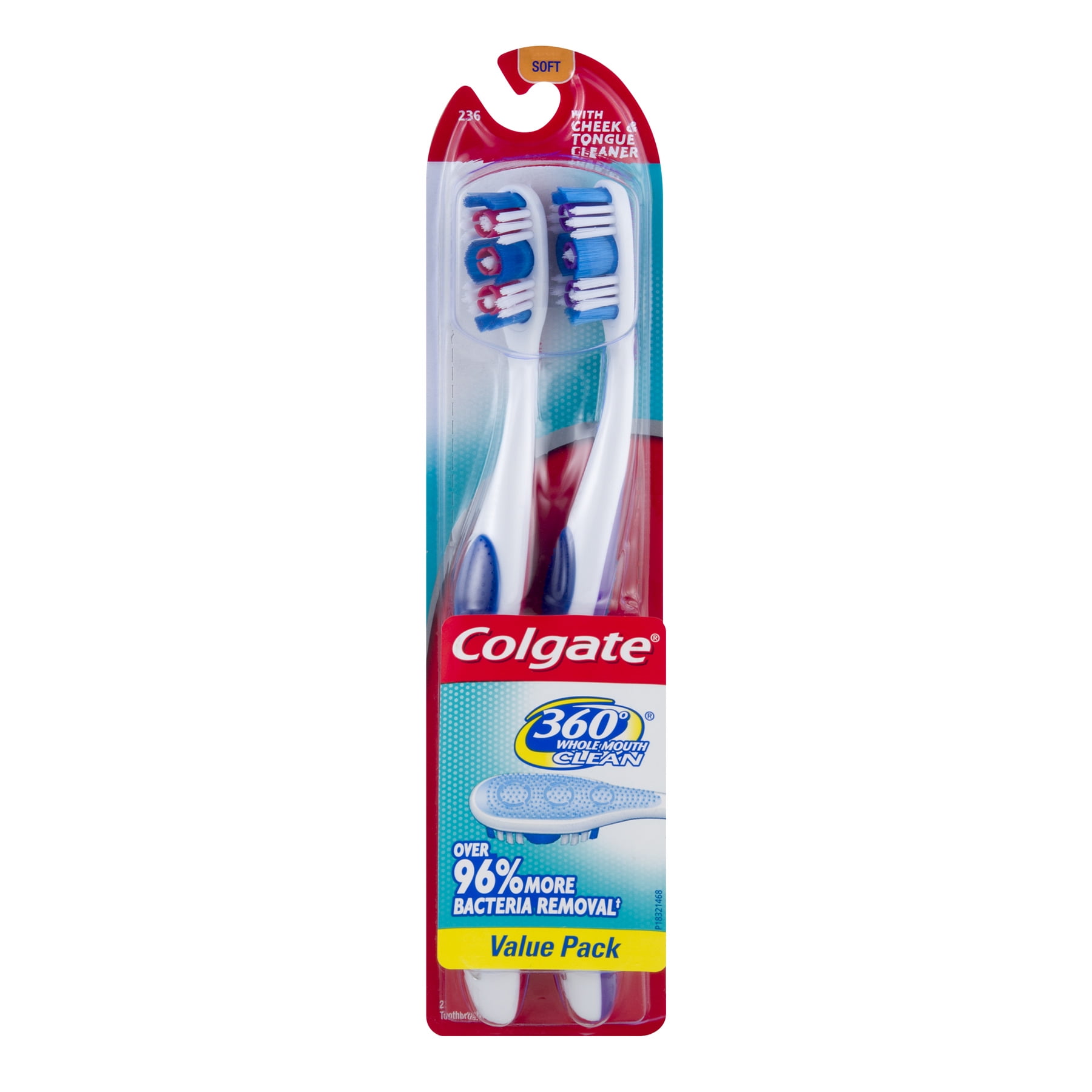 Colgate 360 Manual Toothbrush with Tongue and Cheek Cleaner, Soft, 2 Count