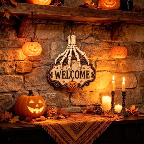 Halloween Wooden Door Sign, Spooky Hanging Ornament for Front Door Wall Window, Holiday Party Decor Entrance Decoration, 12x10 Inch