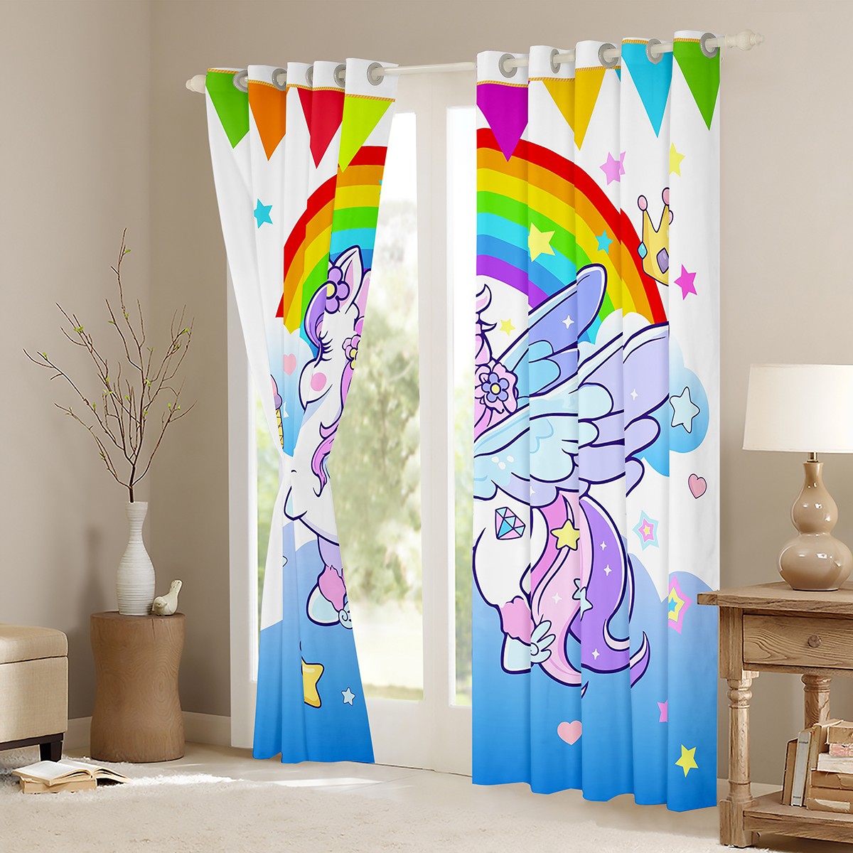 Erosebridal Cute Unicorn Curtains for Living Room,Rainbow Galaxy Starry Blackout Curtains Set of 2(42x63),Purple Blue Curtains and Drapes(42x63) For Girls,Ultra Soft Bedroom Decorative