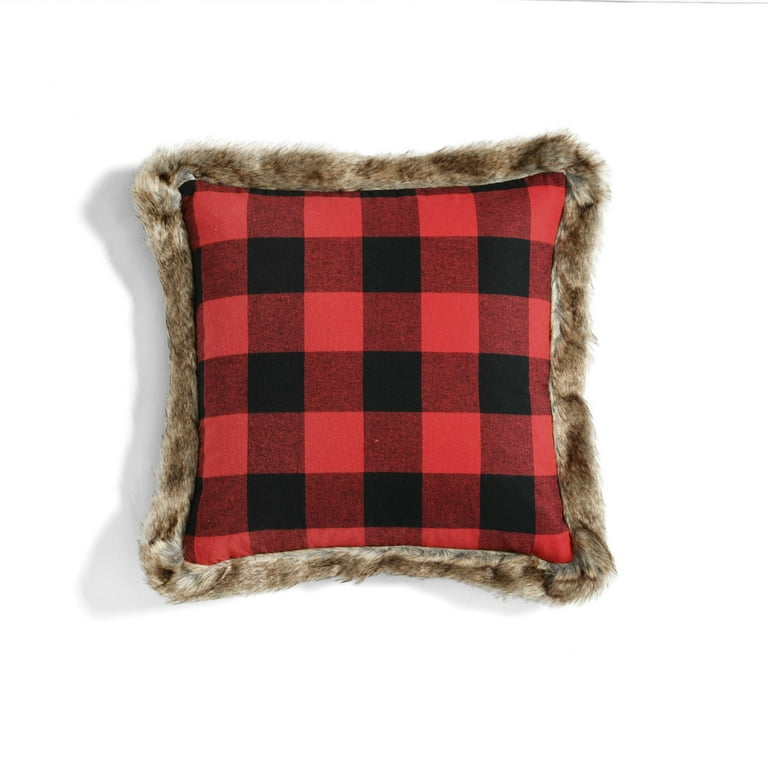 Plaid pillow with fur trim cheap