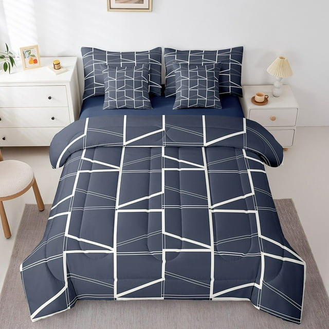 Navy Blue Geometric Bed in a Bag Queen Comforter Set 7 Piece,Square Grid Plaid Bedding Sets Abstract Geometry Art Sheet Set with Comforter